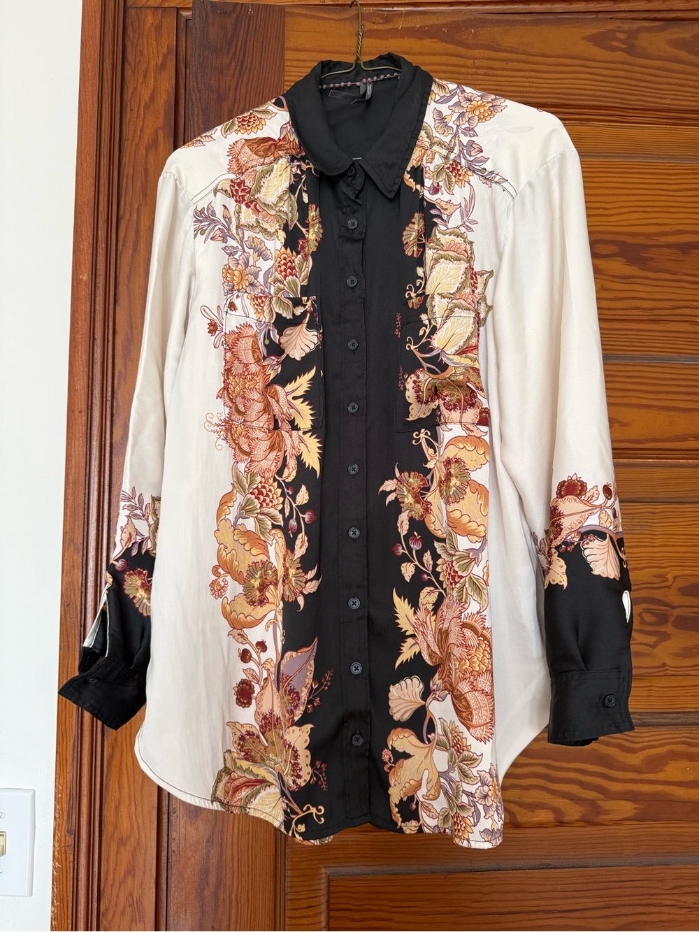Anthropologie Women’s Black and Cream Floral-Panel Button-Down Shirt